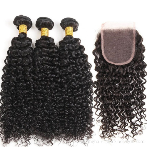Whosale virgin curly remy hair extension cheap human hair bundles with lace closure/ 3 pcs bundles with 1 pcs 4*4 lace closure